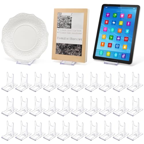 Frcctre 30 Pack Acrylic Easel Stand Plastic Plate Stands Adjustable Clear Acrylic Plate Holder Stand Decorative Stand for Display Plate Picture Book Artworks Home and Party Decoration