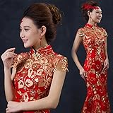 Red Chinese Wedding Dress Female Long Short Sleeve Cheongsam Gold Slim Chinese Traditional Dress Women Qipao For Wedding Party (Color : Red, Size : XX-Large)