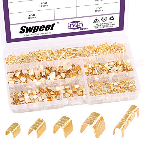Swpeet 525Pcs Gold TC-1 TC-A TC-B TC-C TC-T Non-Insulated U Shape Wire Crimp Copper Terminal Connerctor Kit, Ring Lugs Crimp Cable Terminal for Crimp Solid Wires or Stranded Wires