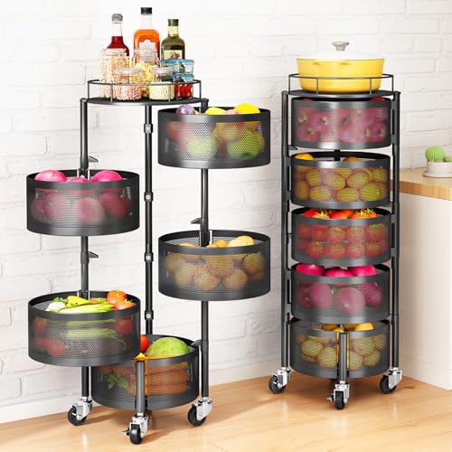Fruit and Vegetable Basket Bowls for Kitchen with Metal Top Lid, SNTD 5 Tier Rotating Storage Rack Cart for Potato Onion Bread Banana, Wire Basket Organizer on Wheels, Large, Black