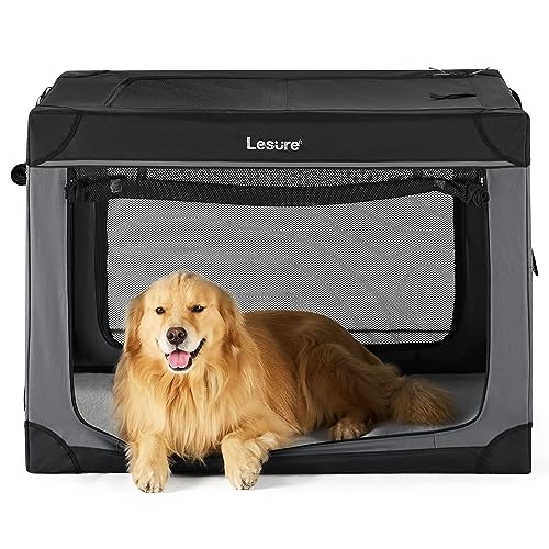 Lesure Soft Collapsible Dog Crate - 42 Inch Portable Travel Crate for Extra Large Dogs Indoor & Outdoor, 4-Door Foldable Pet Kennel with Mesh Windows, Black