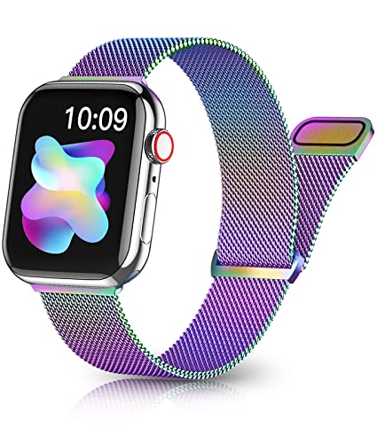 Rabini Metal Magnetic Band Compatible with Apple Watch 38mm 40mm 41mm 42mm 46mm 44mm 45mm 49mm, Rainbow Stainless Steel Mesh Bands for iWatch SE Ultra Series 10 9 8 7 6 5 4 3 2 1 Women Men, Multicolor