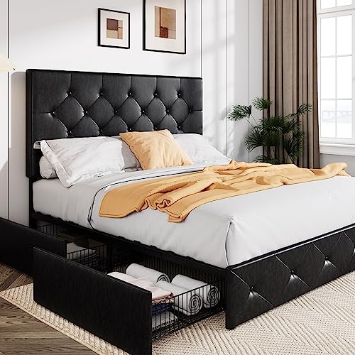 Allewie Upholstered Queen Size Platform Bed Frame with 4 Storage Drawers and Headboard, Diamond Stitched Button Tufted, Mattress Foundation with Wooden Slats Support, No Box Spring Needed, Black