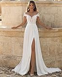 BEAUTFOR Beach Chiffon Wedding Dresses White for Women with Slit Cap Sleeve Lace Bohe Wedding Gowns for Bride 2024 with Train US Size 4