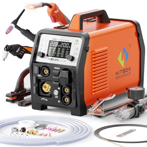 HITBOX MIG Welder 200A, 220V [6 in 1] Gasless/Gas MIG/HF TIG/Plasma Cutter 40A/Stick/Spot, 2T/4T Aluminum Multi Process Welder Machine with Synergy Large LED Display (HBMC270)