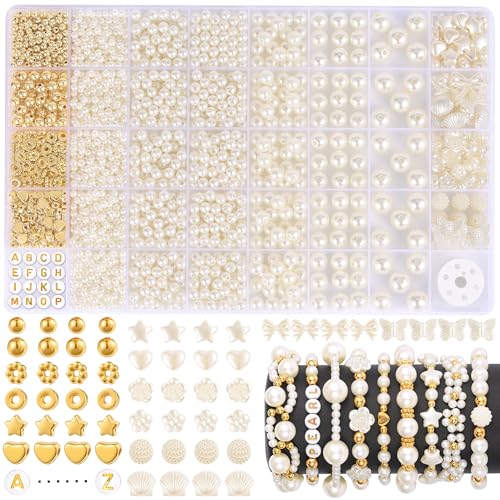 1860pcs Pearl Beads for Jewelry Making, 5 Sizes Round Pearls Bracelet Making Kit, Pearl Beads with Gold Spacer Beads Letter Star Heart Bow Beads for Necklaces Earrings DIY Crafts