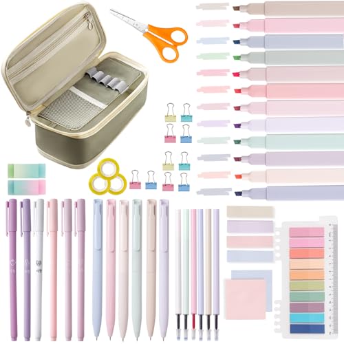 SYLCXX 50 PCS Aesthetic School Supplies with Big Capacity Pen Case,12 Pastel Highlighters, 6 Black Ink Gel Pens, 6 Color Ink Gel Pens with Refills Set, Stationary College Essentials, GERRN Beige