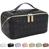 ALEXTINA Travel Makeup Bag,Large Capacity Vegan Leather Cosmetic Bags for Women,Waterproof Portable Pouch Open Flat Toiletry Bag Make up Organizer with Fixed Divider