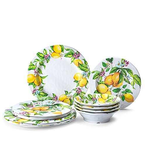 LEHAHA Lemon Melamine Dinnerware Dish Set – 12 Piece Indoor and Outdoor Plates and Bowls Set for Everyday Use, Dishwasher Safe, Unbreakable Kitchen Dinner Set, Service for 4…