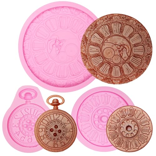 Vintage Clock Silicone Molds, 3 Pack, Steampunk Wall Clock and Pocket Watch Design for Fondant Cake Decorating