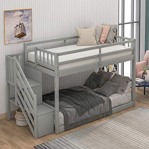 P PURLOVE Twin Over Twin Junior's Low Bunk Bed with Storage Stairs,Wood Floor Bunk Bed with Storage for Kids Teens,Floor Twin Size Bunk Beds with Slat, No Box Spring Need