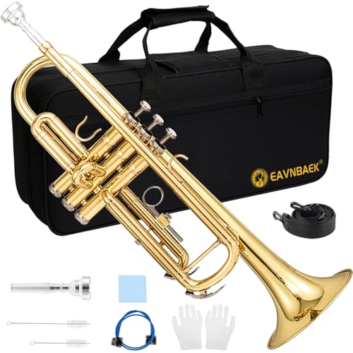 Eavnbaek Bb Standard Trumpet Set for Beginner or Advanced Student, Brass Student Trumpet Instrument with Hard Case, Cleaning Kit, 7C Mouthpiece and Gloves (Gold)