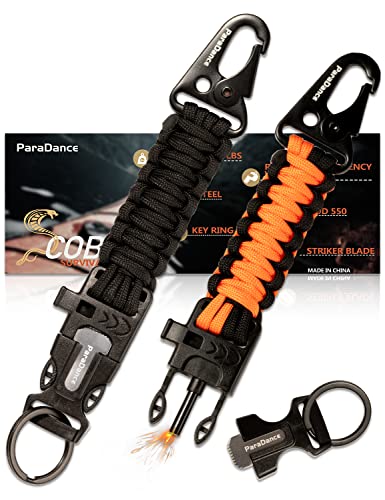 ParaDance Survival Keychain (5-in-1) with Flint/Striker/Paracord/Whistle/Key Ring, Military Braided Paracord Key Chain w/Carabiner Fire Starter, Ideal for Hiking/Camping (1*Black & 1*Black Orange)