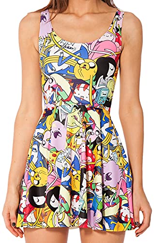 QZUnique Women's Cartoon Printed Stretchy Sleeveless Pleated Fit and Flare Skater Dress Shaping Breathable Dress