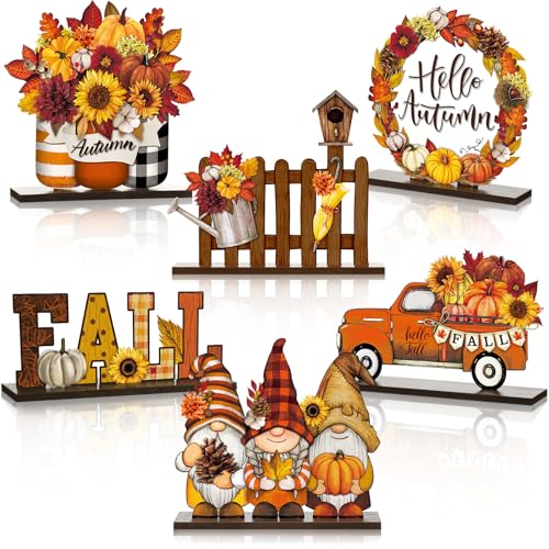 Wenqik 6 Pcs Hello Autumn Wooden Table Decorations Fall Wood Tabletop Sign Centerpiece Rustic Decorations for Office Desk Farmhouse Home Kitchen Tiered Tray Decor Shelves Table Decorative(Yellow)