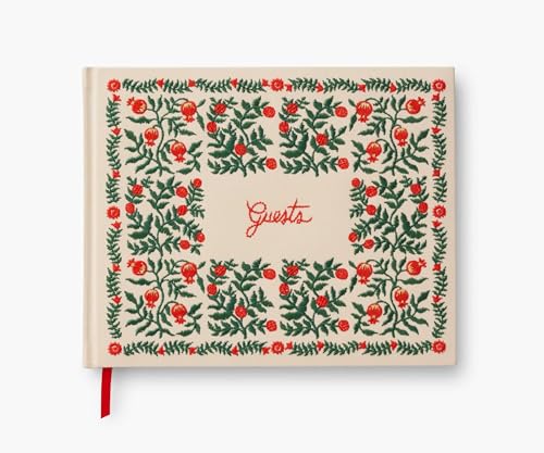 RIFLE PAPER CO. Embroidered Fabric Hardcover Guest Book | 10.25" W × 8.25" L Decorative Keepsake and Memory Book with 144 Lined Blank Pages, Lay Flat Design | Christmastide Pomegranate Pattern