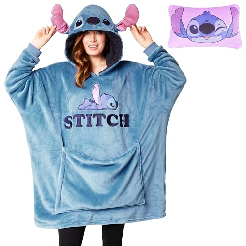 Disney Stitch Blanket Hoodie - Adults 2 in 1 Oversized Fleece Hoodie Baby Yoda Minnie Mouse - Stitch Gifts (Blue Stitch)