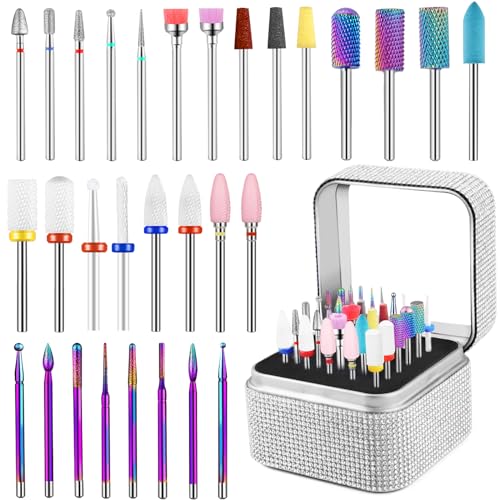 Cellentool 30Pcs Nail Drill Bits Set with Rhinestone Storage Box, 3/32 Inch Ceramic Diamond Carbide Nail Drill Bits for Acrylic Gel Polish, Cuticle Efile Remover for Manicure (Silver)