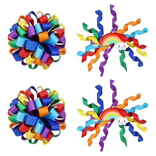 4pc Rainbow Korker Hair Bow Clips for Toddler Teen Baby Girls Curly Corker Ribbon Bow Alligator Barrettes Hairpins, Kids Birthday School Dress Decor Accessories Party Favor Gift