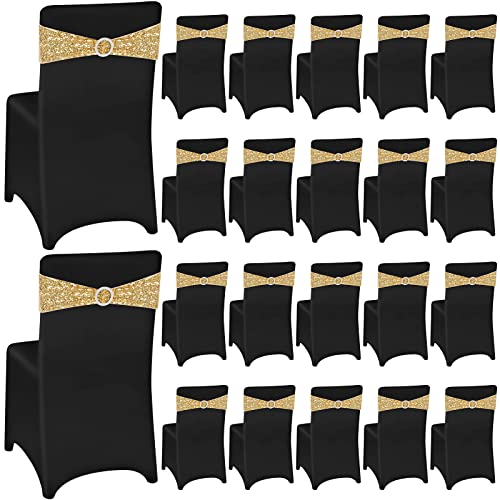 Chumia 20 Sets Chair Covers and Sashes, Spandex Stretch Chair Slipcovers with Shiny Bowknot for Wedding Party Banquet Anniversary Events Dining Decor (Black,Gold)