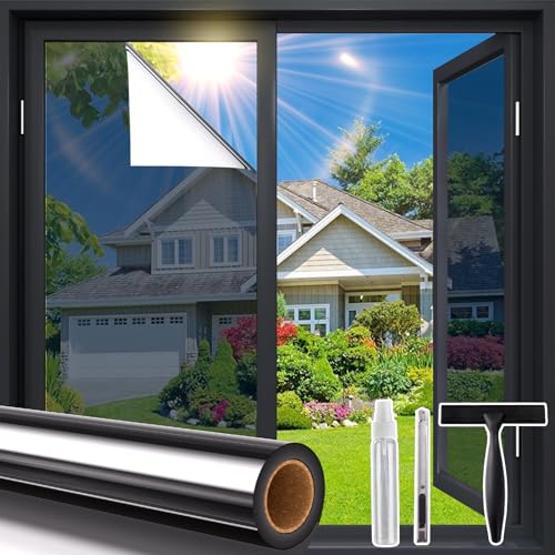 Coavas One Way Window Privacy Film, Window Tint for Home, Daytime Reflective Mirror Glass Windows Coverings Heat UV Blocking See Out Not in, Black, 17.5 x 78.7 Inch