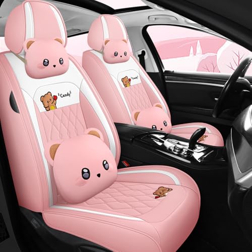 BBKVF Cartoon Bear car seat Cover 5 Set for Girl Women with PU Leather for Cars SUV Pick-up Truck Universal Fit Set (Pink)