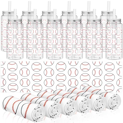 Skybooly 24 Pack Baseball Team Gifts Include 12 Baseball Cooling Towels 12 Plastic Tumbler 40"x12" Breathable Chilly Towel 13.5oz Reusable Cups with Lid and Straw for Sports Party (White, Baseball)
