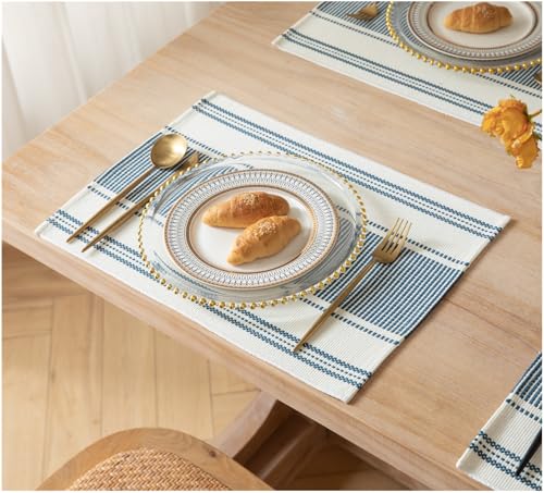 Placemats Set of 6 for Dining Table Décor, Woven Cloth Place Mats for Farmhouse Kitchen Tabletop, Handcrafted Machine Washable Cotton Table mats 13 x 19 Inch, Classic Blue and Beige