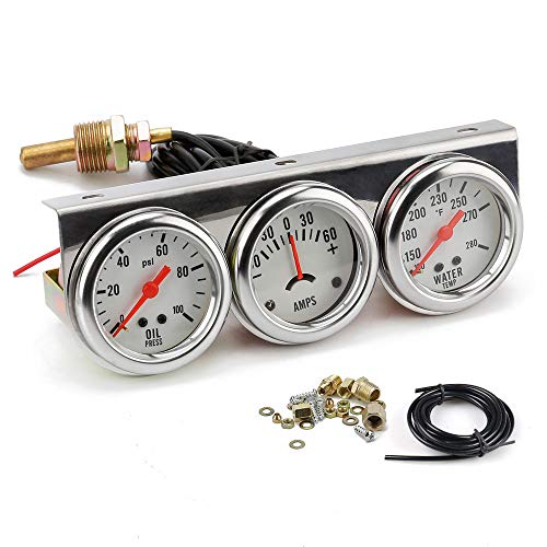 2" 52mm Chrome Panel 3in1 Car Meter Oil Pressure Fahrenheit Water Temp Ammeter Triple Gauge Kit Set White Face