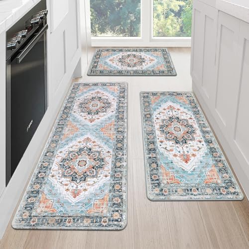 MJIAHOMDEC Cushioned Kitchen Rug Sets 3 Piece Anti Fatigue Kitchen Mats for Floor Non Slip Waterproof Kitchen Rugs and Mats Comfort Standing Mat Runner for Home Office,Sink,Laundry