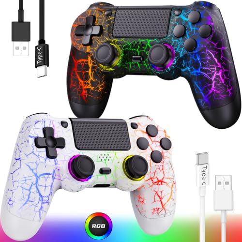 GamingBoy 2 Pack Wireless Controller for PS4, Crack Design Remote Control for Ps4/Slim/Pro/PC with Led RGB Light-up,Hall Effect Joystick,Type-C Port,1000mah Battery,Vibration,6-Axis Sensor,Audio Jack