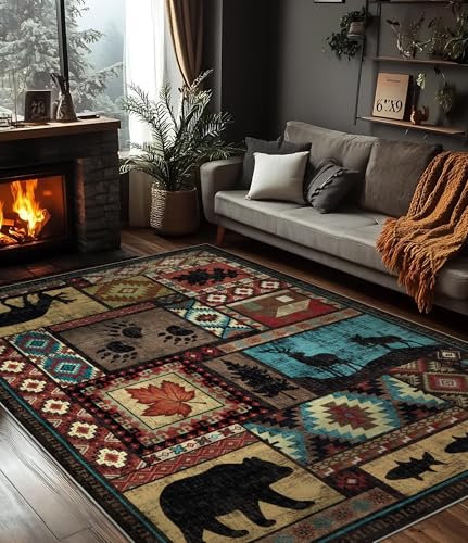 YIHOUSE Rustic Cabin Area Rug 5x7,Machine Washable Lodge Bear Rug,Non-Slip Low Pile Print Pattern Southwestern Rug for Living Room Bedroom