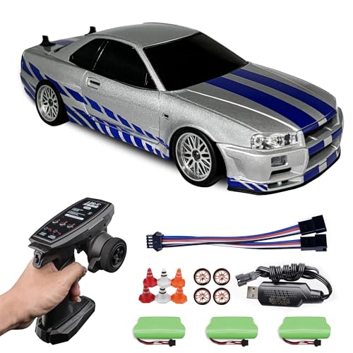 LD1899 1/18 RC Drift Car GTR R34 with 3 Upgraded 1200mah Battery 2.4GHz 150 Brushed Motor Drift RC Car Car Full Proportional with Gyroscope on-Road Alloy Body Shell Racing for 15+ (Silver)
