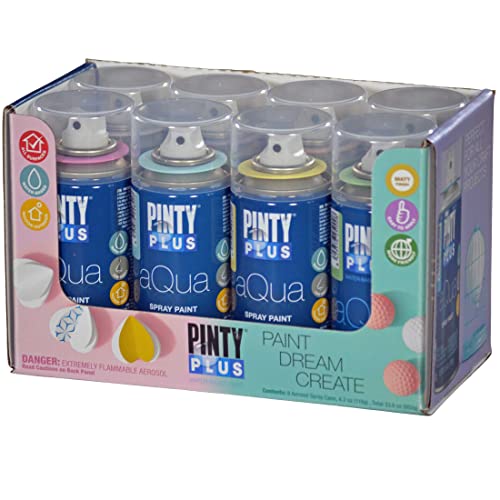 Pintyplus Aqua Mini Spray Paint - Art Set of 8 Water Based 4.2oz Cans. Ultra Matte Finish. Perfect For Arts & Crafts. Works on Plastic, Metal, Wood, Cardboard