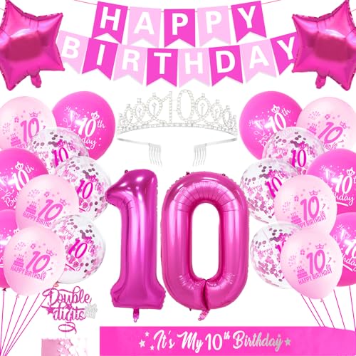 10th Birthday Decorations for Girl, Hot Pink Glitter Double Digits Birthday Cake Topper and Sash, Happy Birthday Banner, Silver 10th Birthday Crown, NO.10 Birthday Foil Balloons, Latex Balloons