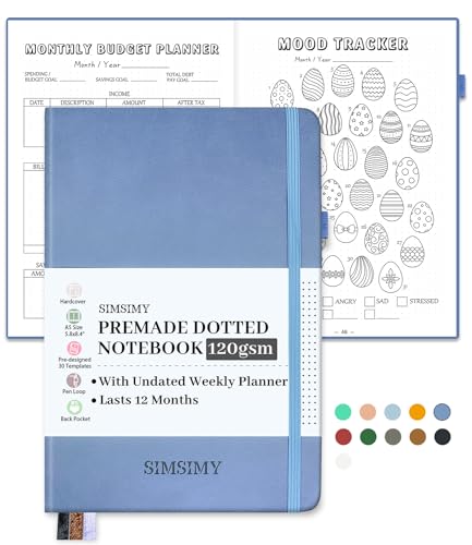 SIMSIMY Premade Dotted Journal Notebook with Bullet Templates, Pre-made Dot Grid Journaling with Undated Weekly & Monthly Planner, Various Trackers - 12 Month Organization, A5 Hardcover