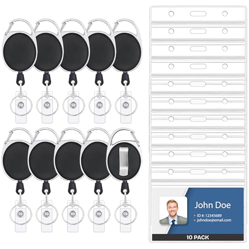 Will Well ID Badge Holders with Clip and Keyring - Horizontal Clear Plastic 3.7" x 2.5" Sleeves Fit Up to 3 Cards - Easy-Access Retractable 24" UHMWPE Fiber Pull Cords - 10-Pack, Black Reels