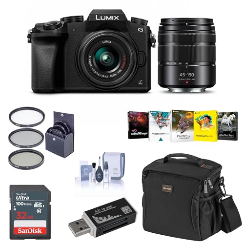 Panasonic Lumix DMC-G7 Mirrorless Camera with Lumix G Vario 14-42mm and 45-150mm Lenses Lens, Black - Bundle with Camera Case, 32GB SDHC Card, 46mm/52mm UV Filters, Pc Software Pack and More