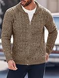 Ryannology Mens Shawl Neck Cardigan Sweater Cable Knit Zip Up Winter Casual Sweaters with Pockets Brown