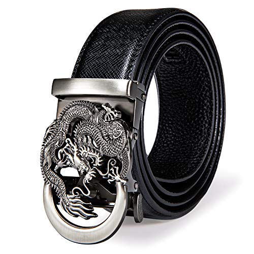 Dubulle Men Belt Ancient Silver Dragon Automatic Buckle Black Ratchet Business Casual Belts Adjustable Length with Exquisite Box