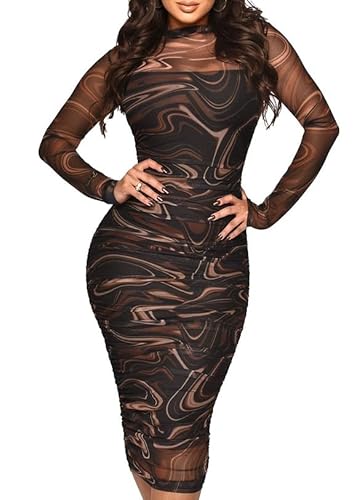 MOEENCN Sexy Long Sleeve Midi Dress for Women Sheer Mesh Printed 2 Piece Skirt Set Crew Neck See Through Bodycon Party Clubwear