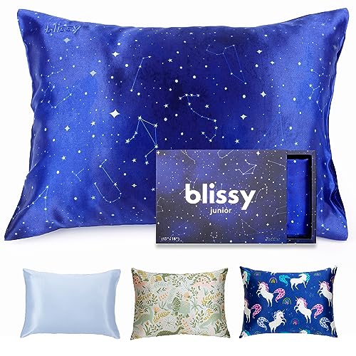 Blissy Toddler Silk Pillowcase - 100% Pure Mulberry Silk - 22 Momme 6A High-Grade Fibers - Soft and Gentle Silk Pillowcase for Kids Hair and Skin (Toddler 13 x 18 in, Night Sky)