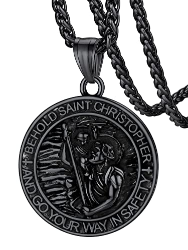 Mens St Christopher Pendant Christ Saints Medal Jewelry Vintage Catholic Jewelry with 22" Wheat Chain - Black/Round