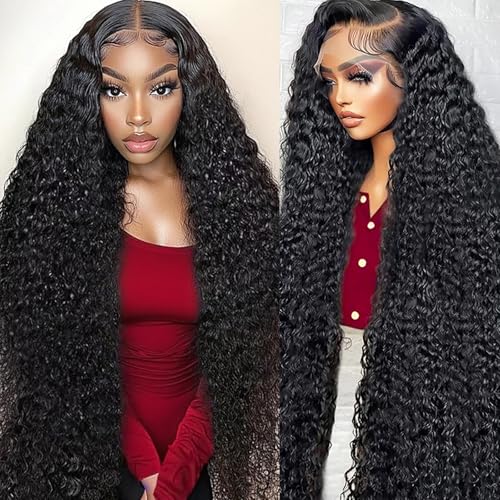 Dianthe 34 Inch 13x6 Deep Wave Lace Front Wigs Human Hair HD Lace frontal Curly Human Hair Wig for Black Women 180% Density Wet and Wavy Glueless Wigs Human hair Pre Plucked with Baby Hair
