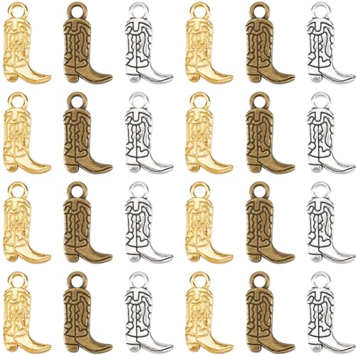 SUNNYCLUE 1 Box 3 Colors 90Pcs Cowboy Boot Charms Western Charms Bulk Vintage Antique Silver Gold Alloy Cowboys Boots Charm for Jewelry Making Charms DIY Crafts Necklace Bracelet Earring Keychains