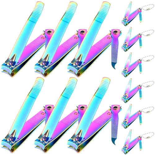 Bememo 12 Pieces Stainless Nail Clippers Set Fingernail and Toenail Clippers Nail Cutter Tool Set for Men and Women (Rainbow)