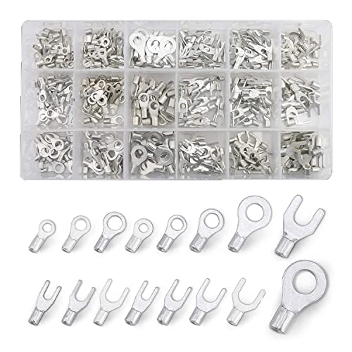 420pcs Non-Insulated Ring Terminals & Fork Connector Kit 22-16/16-14/12-10 Gauge Wire Lugs Battery Cable Terminals Wire Crimp Connectors High Temperature T2 Pure Non-Insulated Copper Connector