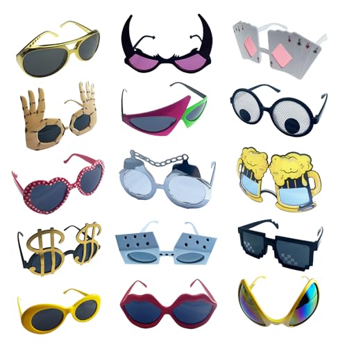 HEYTOP 16 Pack Funny Sunglasses Novelty Party Glassses Masks for Adults Cool Shaped Funny Party Eyeglasses, Photo Booth Props Sunglasses Dress Up Costume Sunglasses Pack