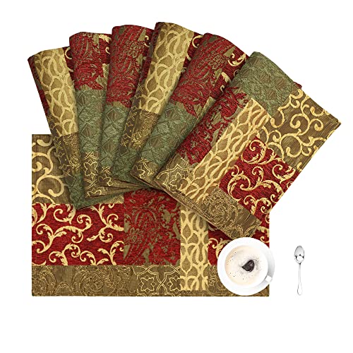 Loom and Mill Luxury Placemats Set of 6, Patchwork Damask Chenille Jacquard Non-Slip Table Place Mats for Dining Kitchen Party Holiday Decoration, Durable & Washable Dinner Mats(Red Gold, 12"x18")