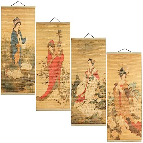 Juvale 4 Pack Bamboo Scrolls Chinese Paintings & Japanese Wall Art for Asian Hanging Decor, Chinese Decorations, and Japanese Decor - 10 x 26 In